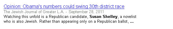 News story in the Jewish Journal referencing the Susan Shelley for Congress campaign